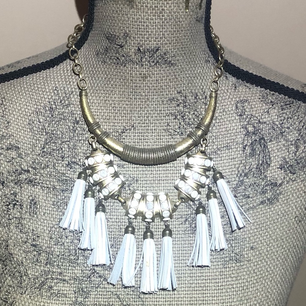 Goldtone & White Leather Tassel Choker Necklace